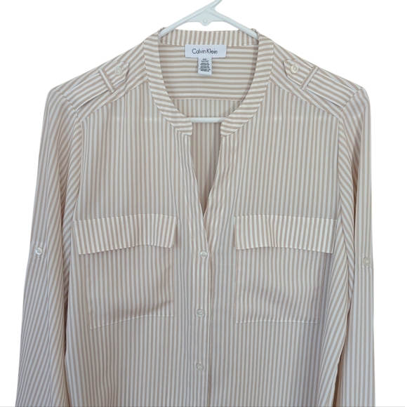 Calvin Klein Striped Button Tab Button Up Semi-Sheer Blouse MEDIUM White Tan - Picture 7 of 15